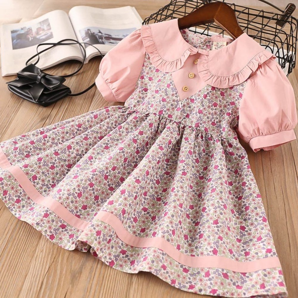 Girls Collared Pink Floral Short Sleeve Dress